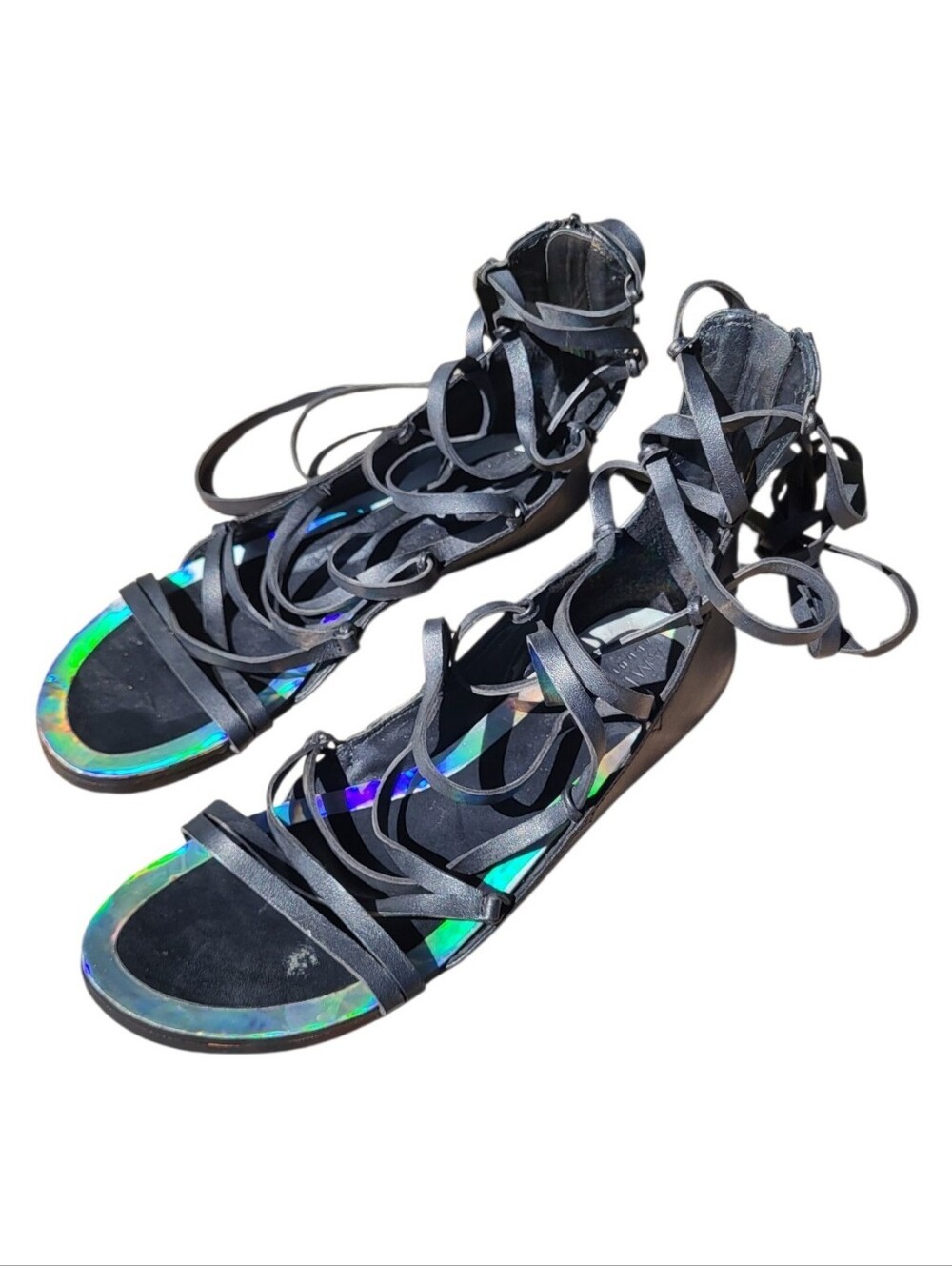 Black Lace-Up Gladiator Sandals w/ Ankle Wraps & Iridescent Silver Accents-Sz 11 - Picture 2 of 6